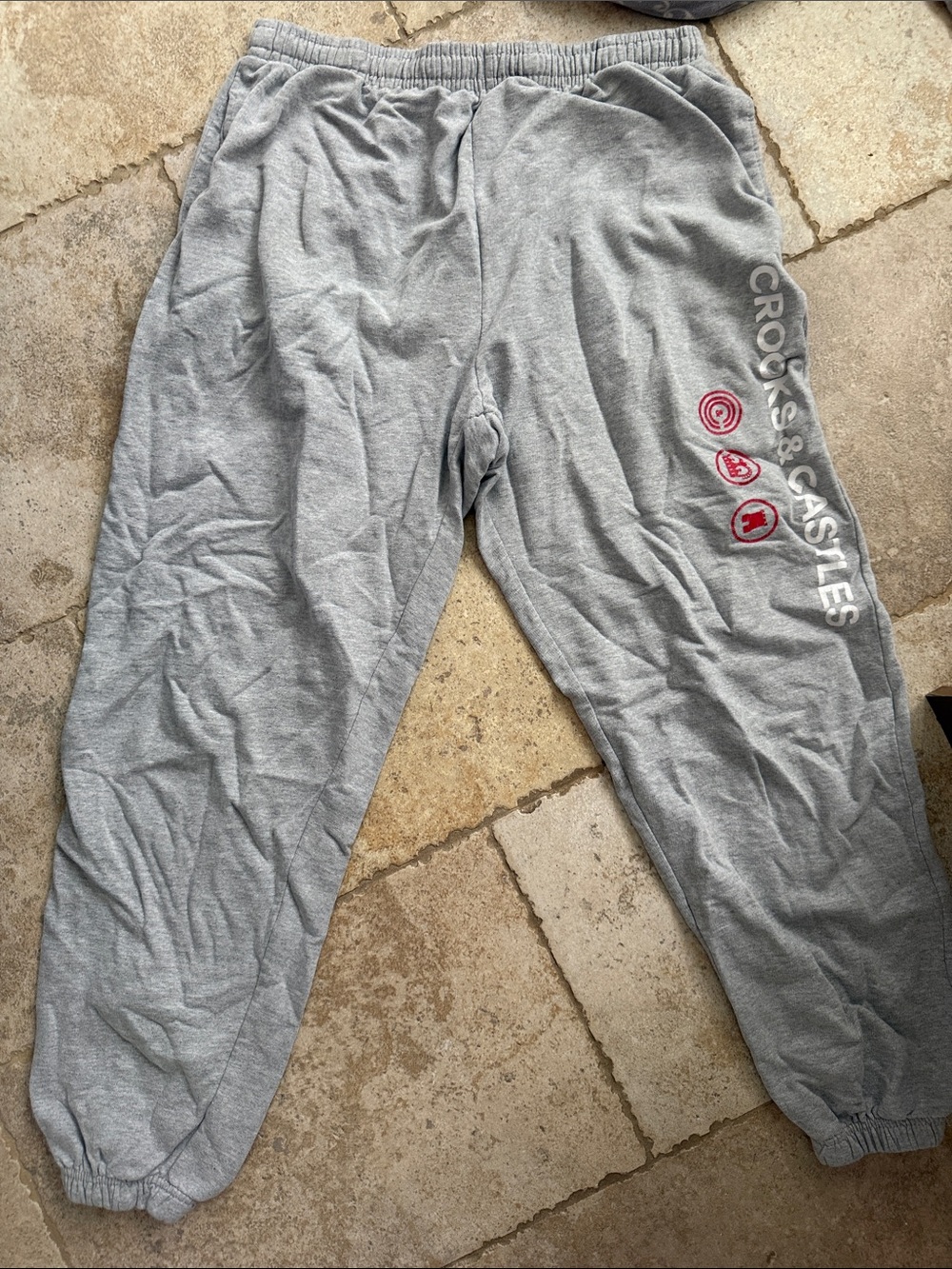 Crooks & Castles Gray Sweatpants with Red Emblem Accents
